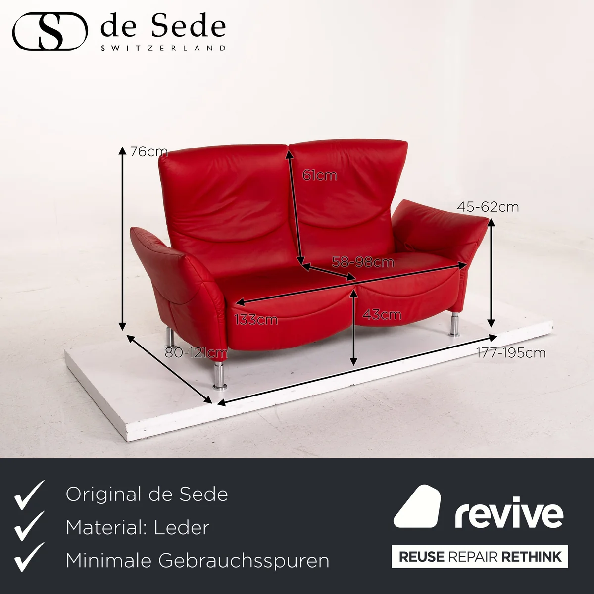 de Sede DS 145 Leder Sofa Rot Zweisitzer Funktion Couch #15325