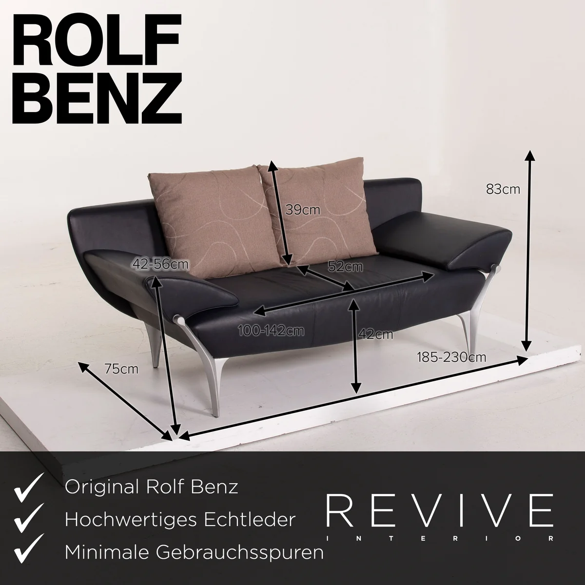 Rolf Benz 1600 Leder Sofa Garnitur Dunkelblau 1x Zweisitzer 1x Hocker #15571