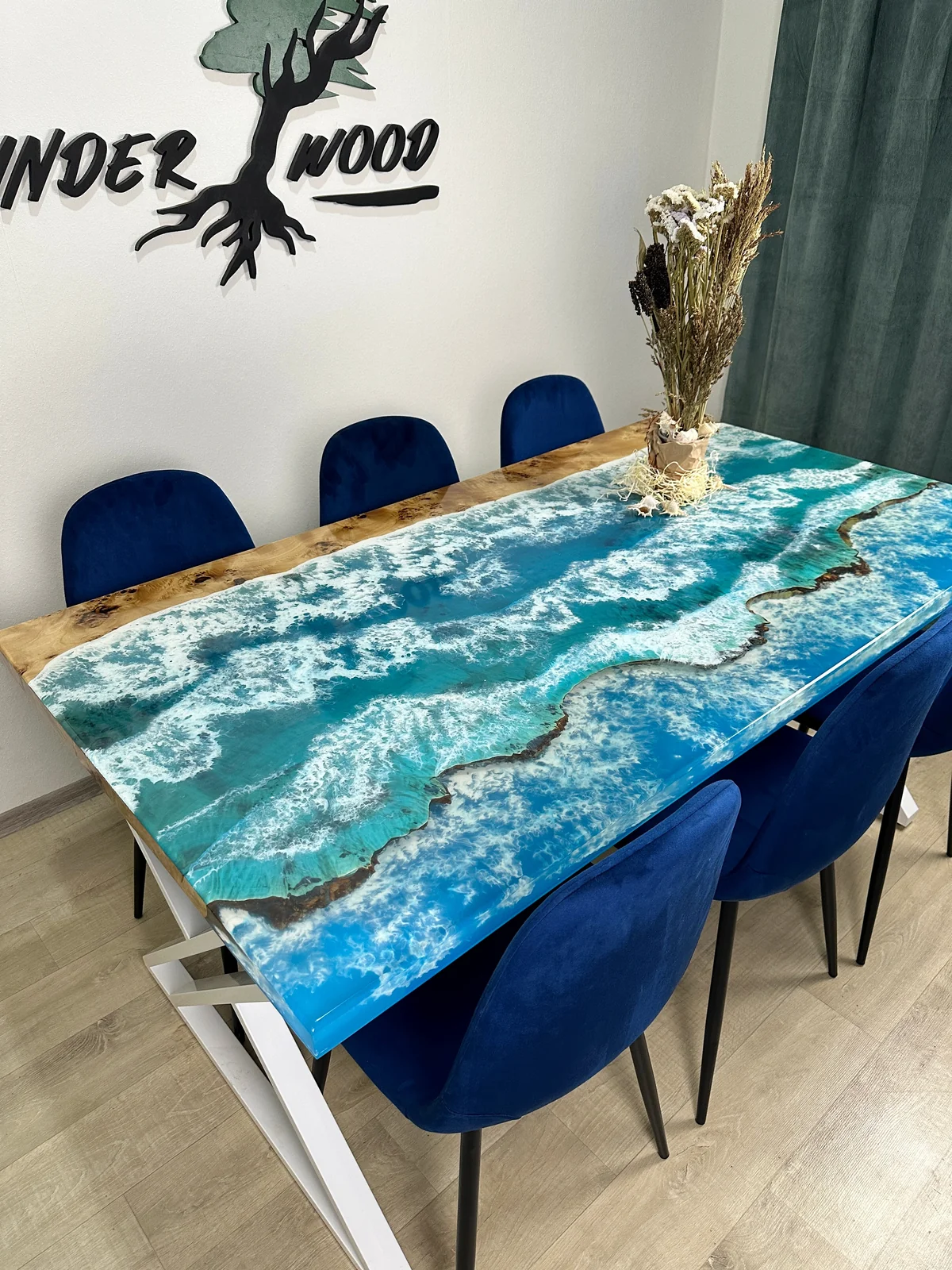 Sky Blue Ocean Art Epoxy River Dining Table