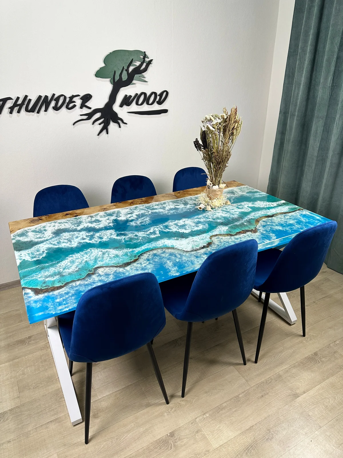 Sky Blue Ocean Art Epoxy River Dining Table