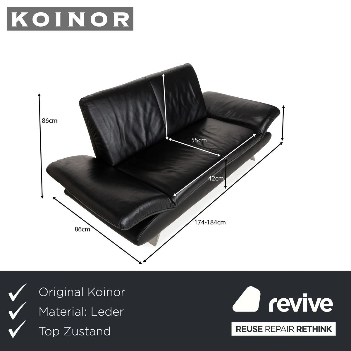 Koinor Rossini Leder Zweisitzer Schwarz manuelle Funktion Sofa Couch