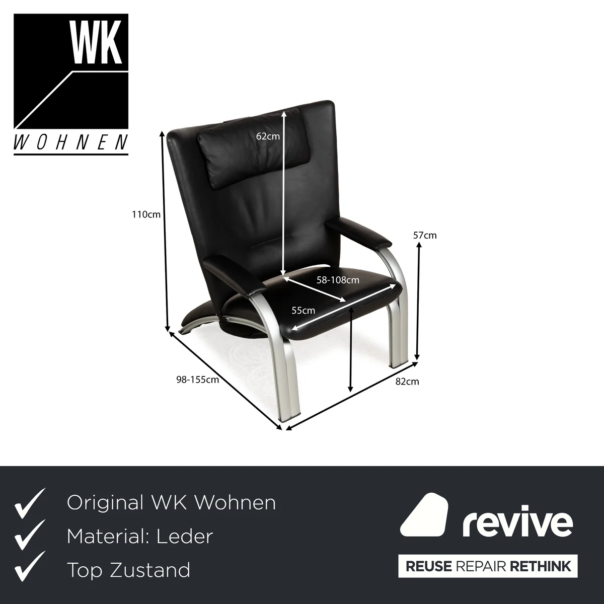 WK Wohnen Spot 698 Leder Sessel Schwarz manuelle Funktion