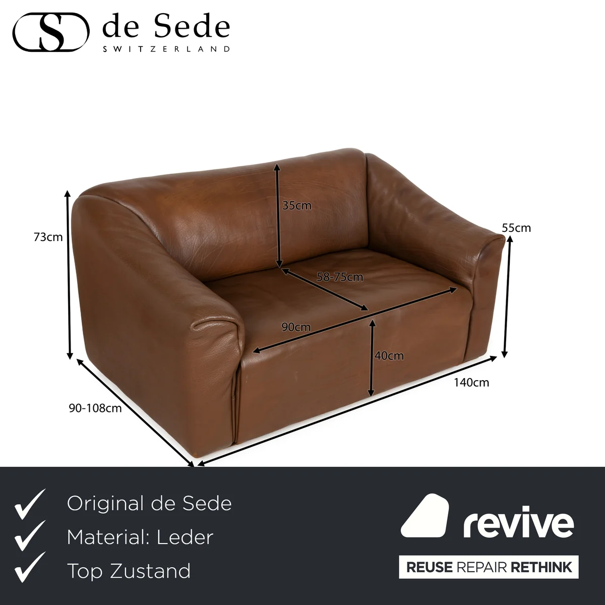 De Sede DS-47 Leder Zweisitzer Braun Sofa Couch manuelle Funktion
