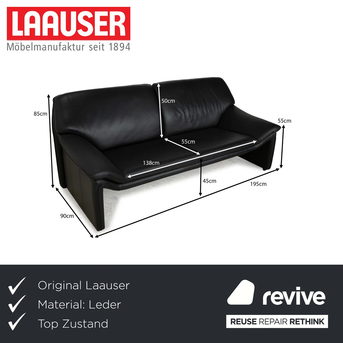 Laauser Atlanta Leder Dreisitzer Schwarz Sofa Couch